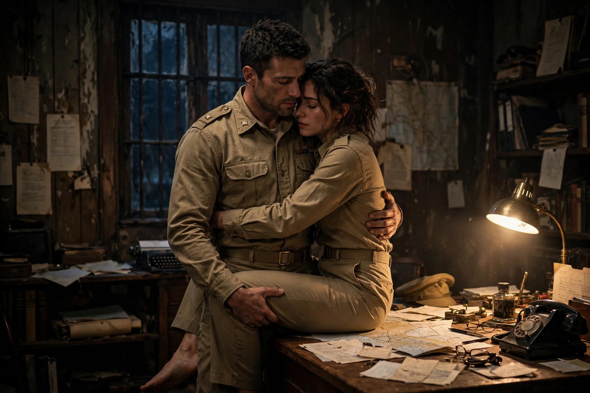 Tender WWII military couple embrace as the woman sits on a cluttered vintage office desk