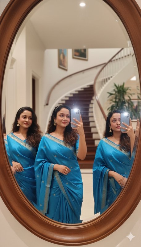 Woman in a blue saree taking a mirror selfie in a wooden oval-framed mirror with a staircase background.