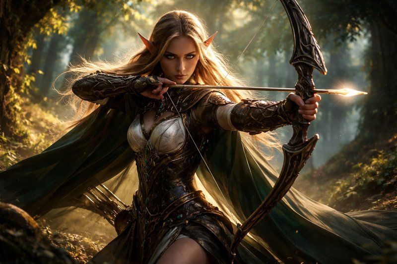 A fierce female elf archer stands in a sun-dappled | humtum8182 on ...