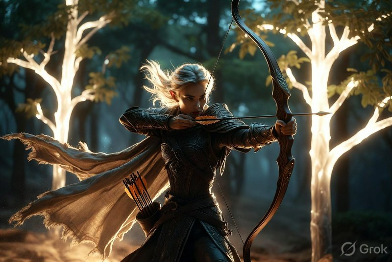 A fierce female elf archer stands in a sun-dappled | humtum8182 on ...