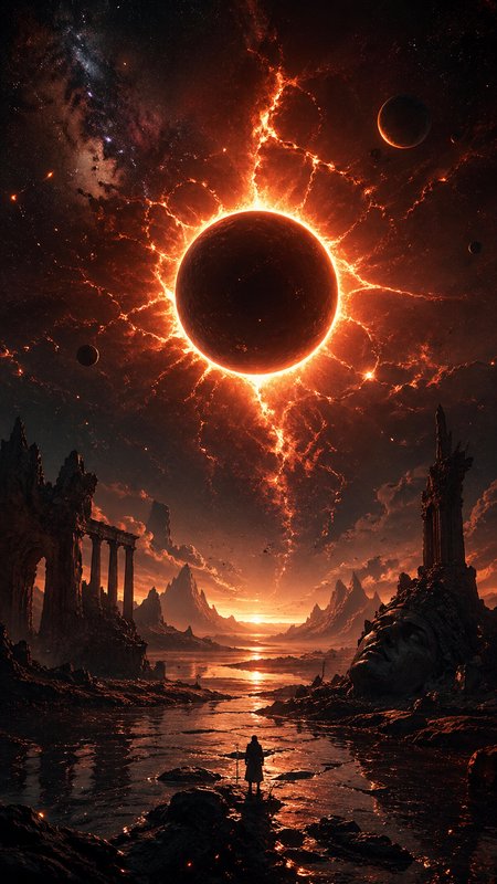 Dark alien landscape with a glowing fiery eclipse over ruined columns and a lone silhouette.