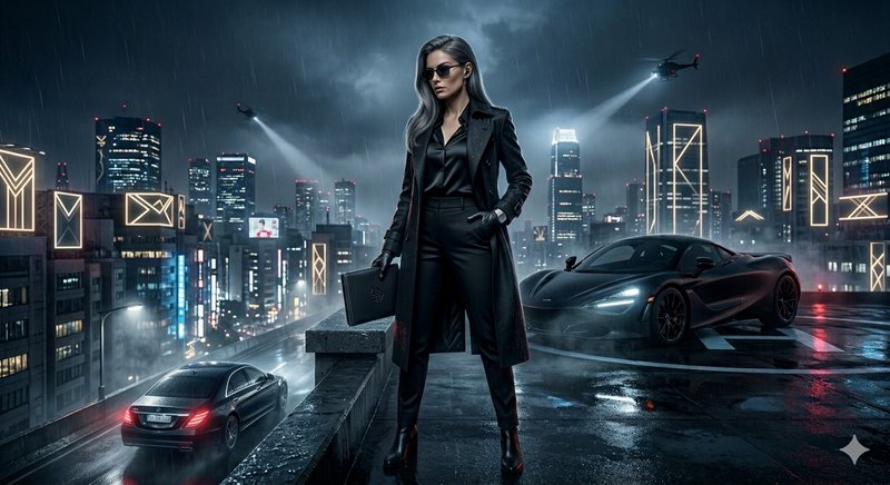 Stylish woman in a black coat and sunglasses stands on a rainy rooftop with neon-lit city and luxury cars.