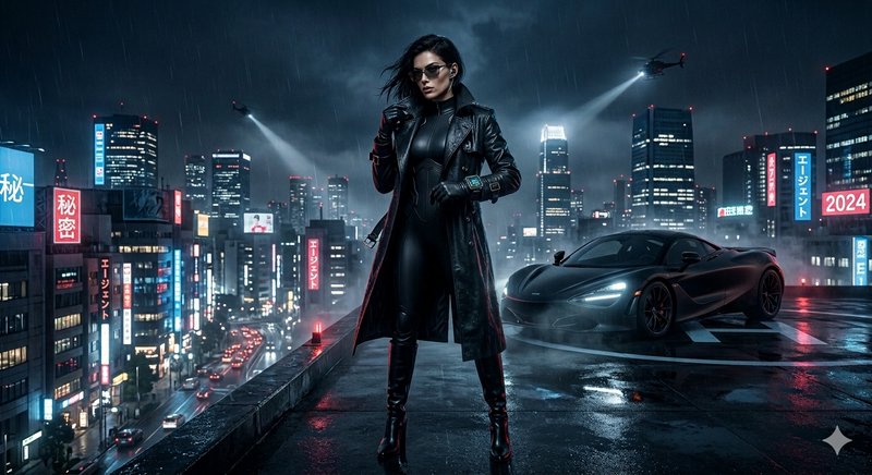 Cyberpunk cityscape with a woman in a black leather coat and sunglasses standing beside a sleek sports car in rain.