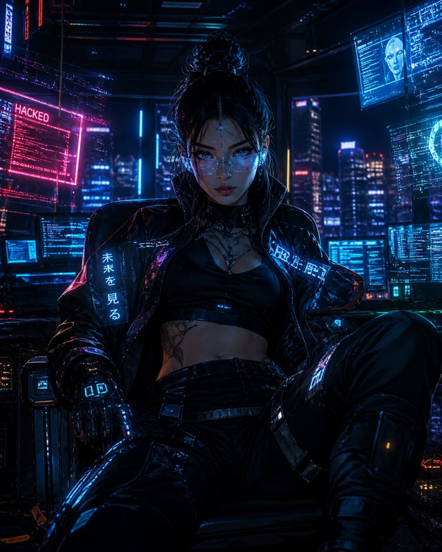 Cyberpunk woman in neon-lit outfit with holographic displays and a futuristic cityscape background.