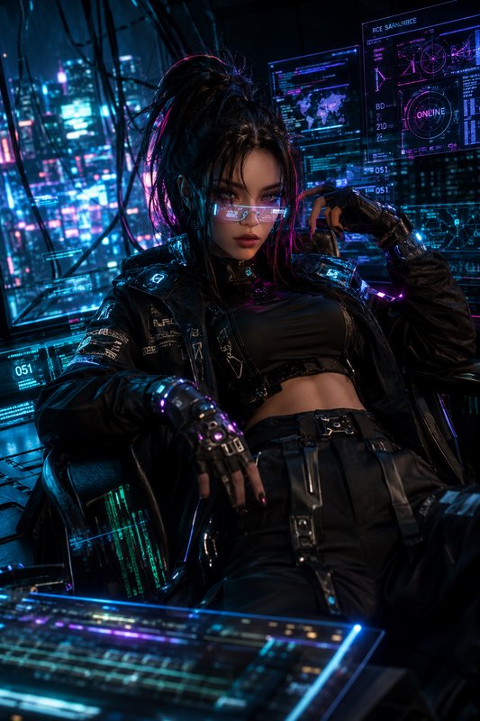 Female cyberpunk hacker in neon-lit lab wearing visor glasses and black tactical outfit.