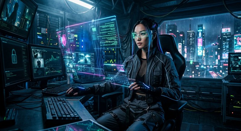 Futuristic female hacker in a neon-lit command center with multiple screens.