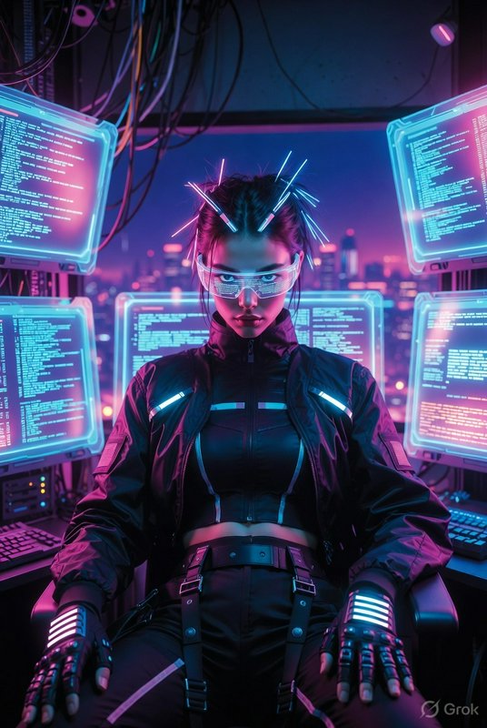 Futuristic female hacker in a neon-lit control room surrounded by glowing code screens.