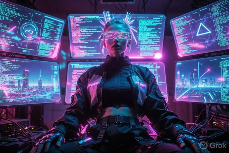 Female cyberpunk hacker wearing neon glasses surrounded by glowing computer screens.