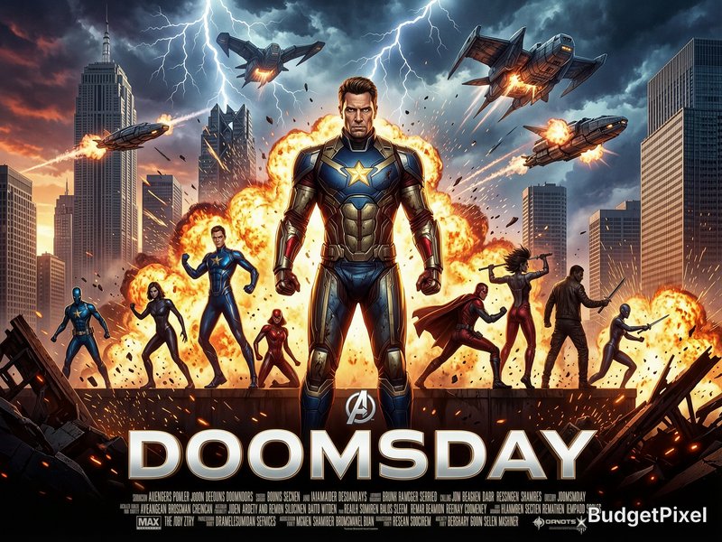 Action-packed superhero poster with a central armored hero, explosions, jets, and a city skyline.