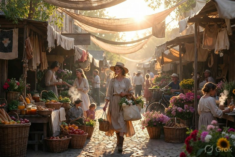 Woman in a vintage beige dress and hat walks through a sunlit open-air market amid flower and produce stalls.