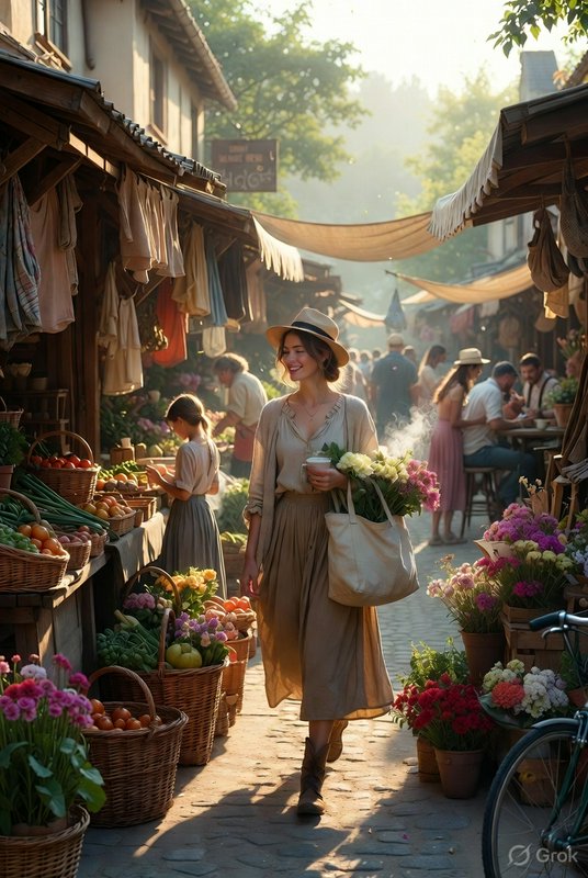 Woman in a beige dress and hat strolling through a sunlit outdoor market with baskets of flowers and produce.