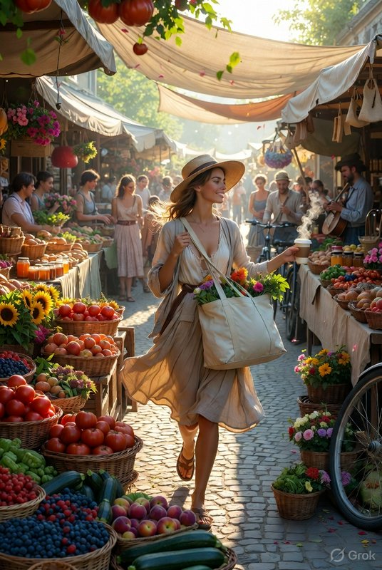 Woman in a beige dress and wide-brim hat strolling a bustling outdoor market with baskets of fruit and flowers.