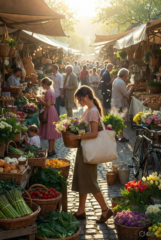 Woman with a basket and tote bag shopping at a sunlit outdoor farmers market.