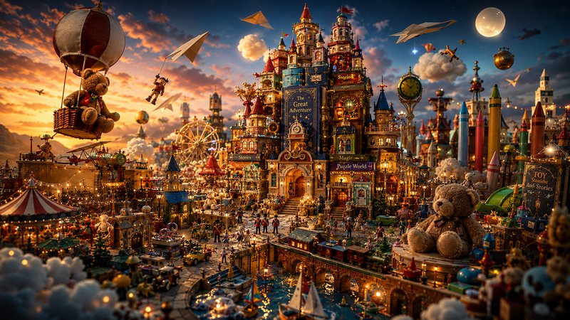 A detailed miniature fantasy city diorama with castles, ferris wheel, hot air balloon, teddy bear, and twinkling lights