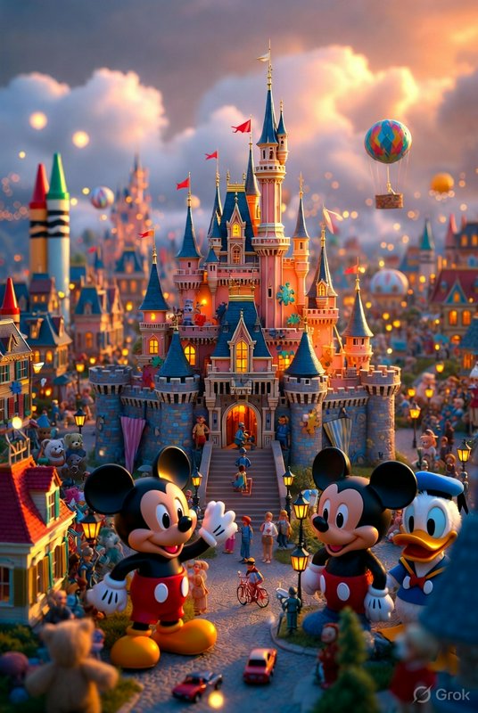 Disney castle with Mickey, Minnie, and Donald in a bustling magical theme park.