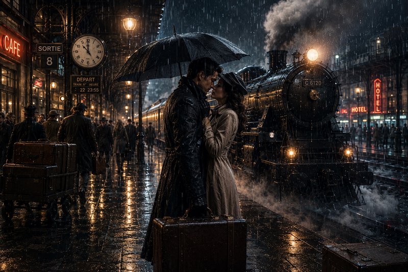 Romantic couple sharing a kiss under an umbrella at a rainy train station with a steam locomotive nearby.