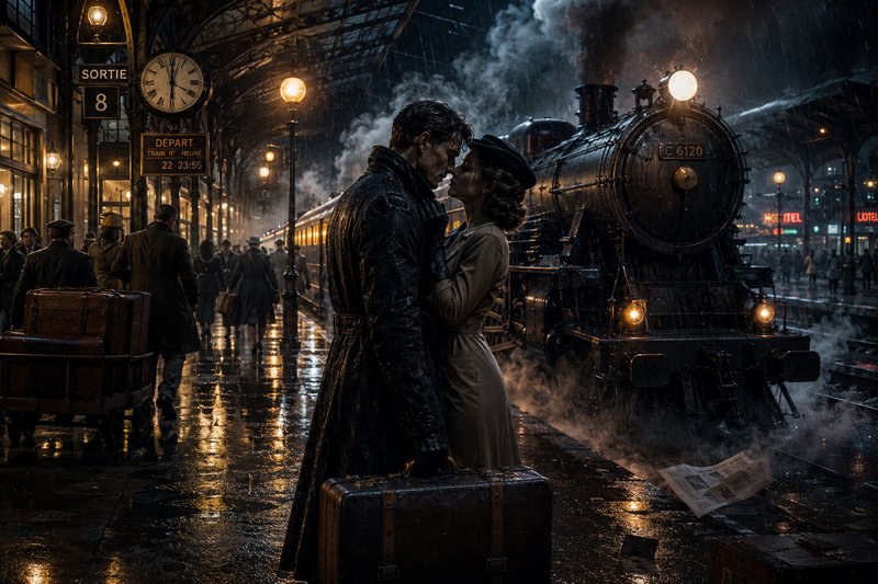 Romantic couple kissing at a rainy vintage train station with a steam locomotive behind them.
