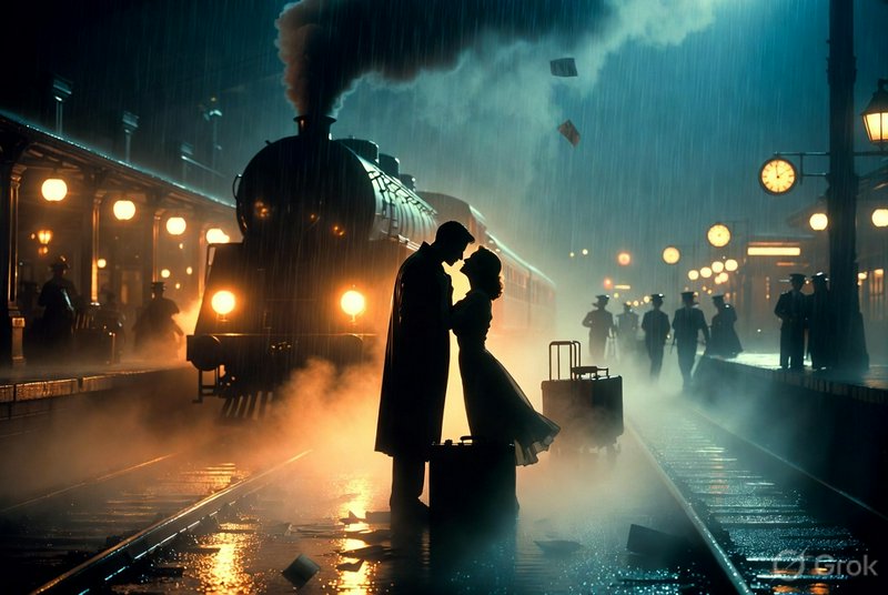 Silhouetted couple kissing on a rainy, foggy train platform with a steaming locomotive in the background.