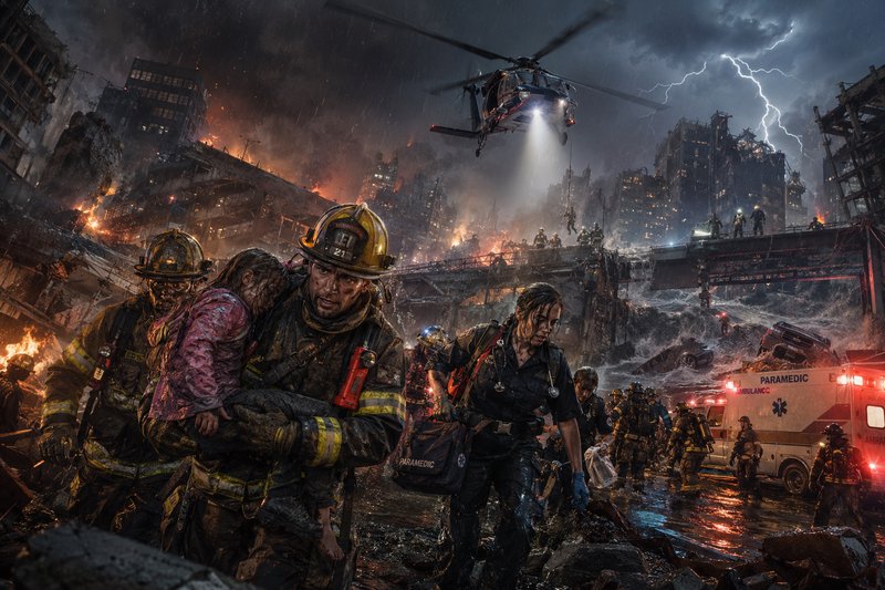 Emergency responders in a burning, ruined city with a spotlighting helicopter overhead.