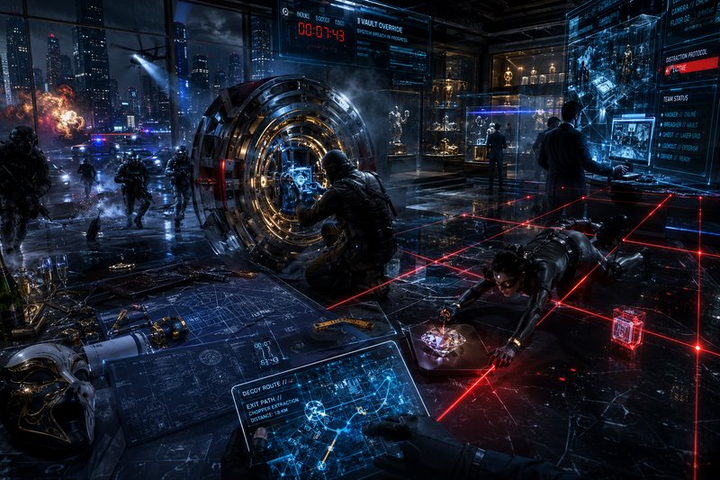 Futuristic high-tech operations room with a glowing vault door, holographic screens, and tactical agents.
