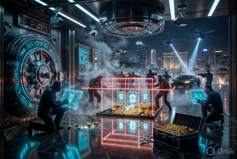 Futuristic bank vault heist with neon laser grid and hackers in a sci-fi setting.