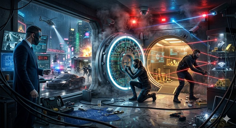 A futuristic heist scene inside a high-tech vault chamber with masked hackers and neon lights.