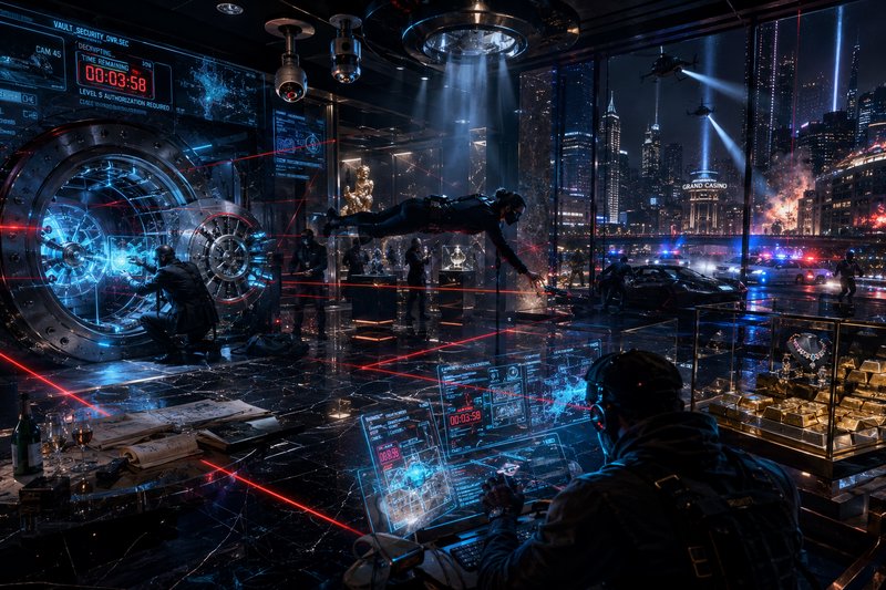Futuristic bank vault heist with lasers, high-tech consoles, and neon city lights at night.