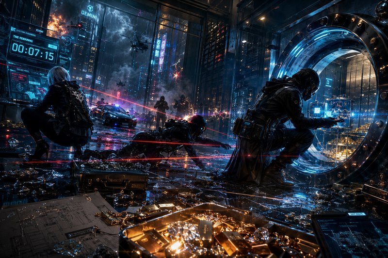 Futuristic heist scene inside a neon-lit vault with armed agents and glowing lasers.