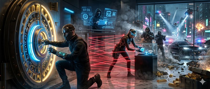 Cyberpunk heist scene with a glowing vault, masked hackers, red laser grid, and neon cityscape.