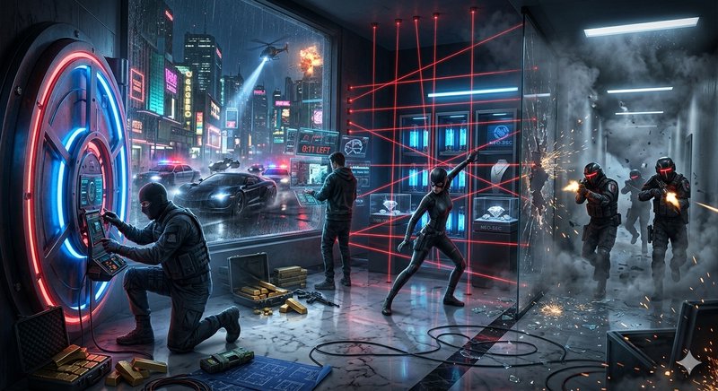 Neon-lit futuristic heist scene with armed guards, a glowing vault, and laser security grid.