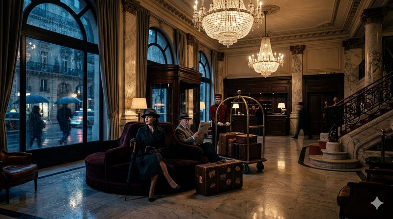 Luxurious marble hotel lobby with chandeliers, travelers, and vintage luggage.