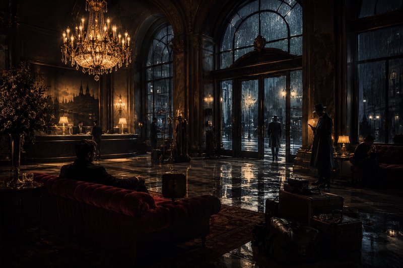 Dimly lit luxury hotel lobby with a grand chandelier, red velvet sofa, and rain-soaked entrance outside.