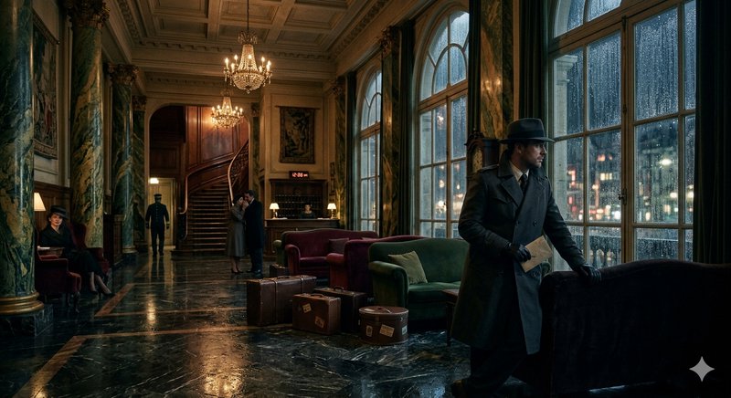 Man in a long coat and fedora in a vintage hotel lobby with marble pillars and luggage.