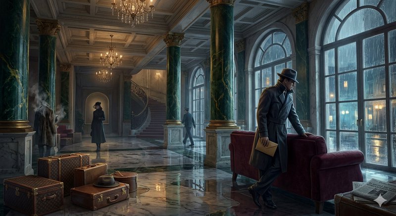 Elegant hotel lobby interior with marble floor, green marble columns, chandeliers, and a man in a trench coat by a window.