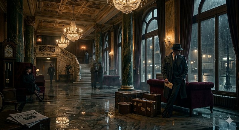 Elegant vintage hotel lobby with marble floors, chandeliers, and a man in a fedora beside luggage.