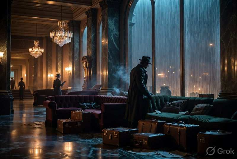 Man in a trench coat and fedora in a rain-soaked luxury hotel lobby with vintage suitcases.