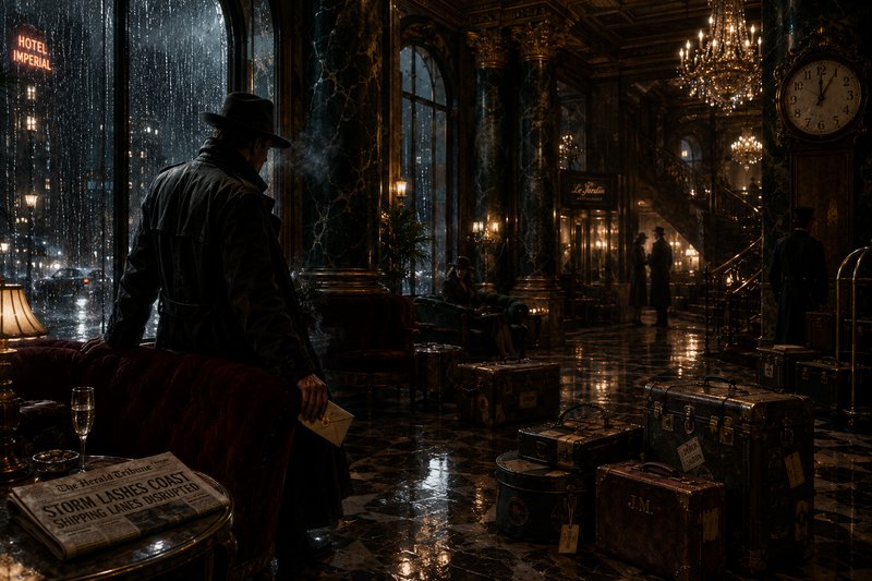 Moody luxury hotel lobby with rainy window, a man in a trench coat beside vintage luggage.