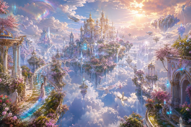 Dreamlike floating castle city above the clouds with gardens and golden spires
