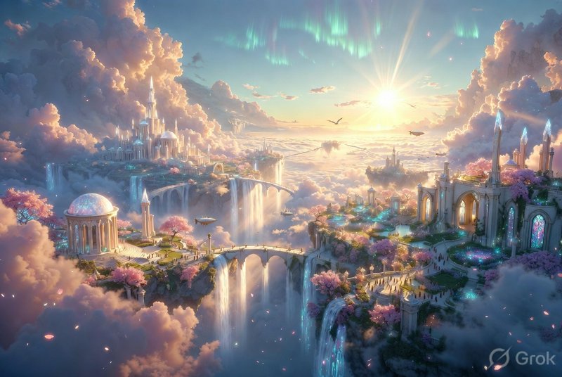 Dreamlike floating city with waterfalls, bridges, and glowing towers above the clouds at sunset.