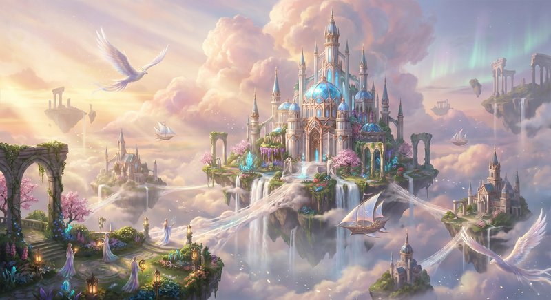 Floating island kingdom with a blue-domed castle, waterfalls, and pastel skies among clouds.