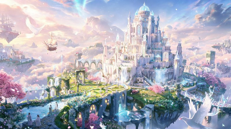Floating sky castle city with a grand crystal cathedral, lush gardens, and pastel skies.