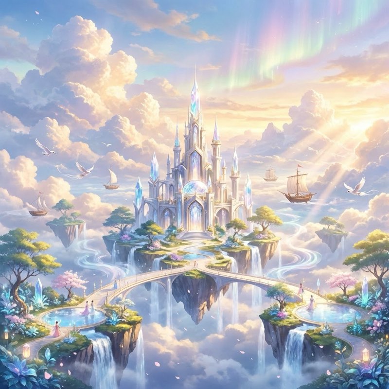 Fantasy castle in the clouds on a floating island with bridges and waterfalls.