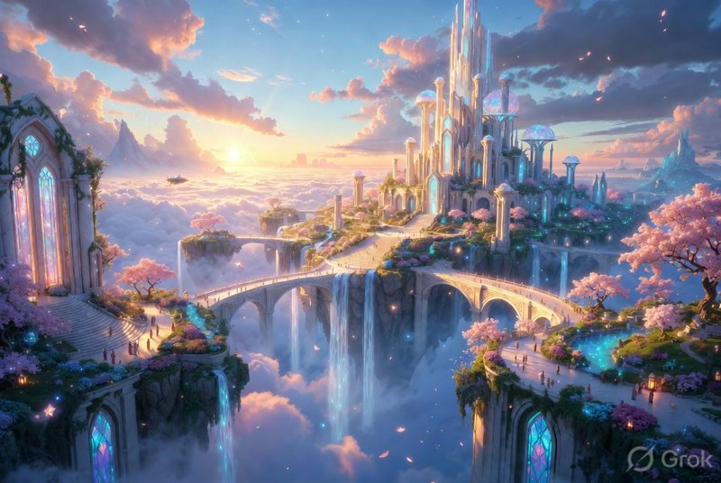 Fantasy floating city with tall glassy spires, bridges, and pink blossom trees above cascading waterfalls.
