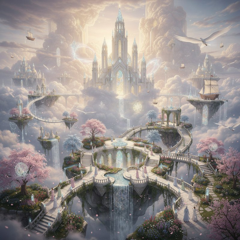 Fantasy floating city with a luminous gothic cathedral, hanging bridges, waterfalls, and pastel cherry blossoms among