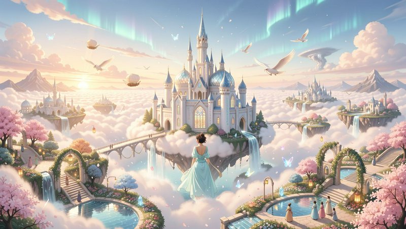 Fantasy castle atop clouds with a woman in a blue gown overlooking a magical landscape.