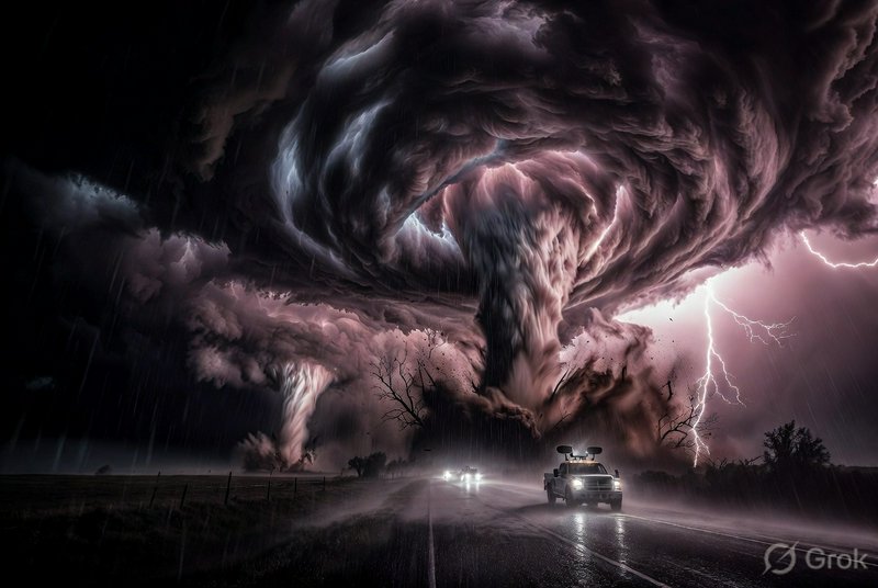 Menacing tornado roping down from dark storm clouds onto a wet highway at night, illuminated by headlights.