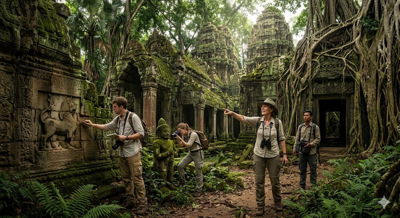 Tourists exploring ancient jungle temple ruins with towering trees and twisting roots
