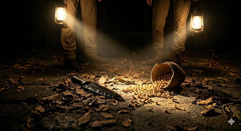 Two people with lanterns in the dark, a clay pot spilled beans on autumn leaves, with a knife nearby.