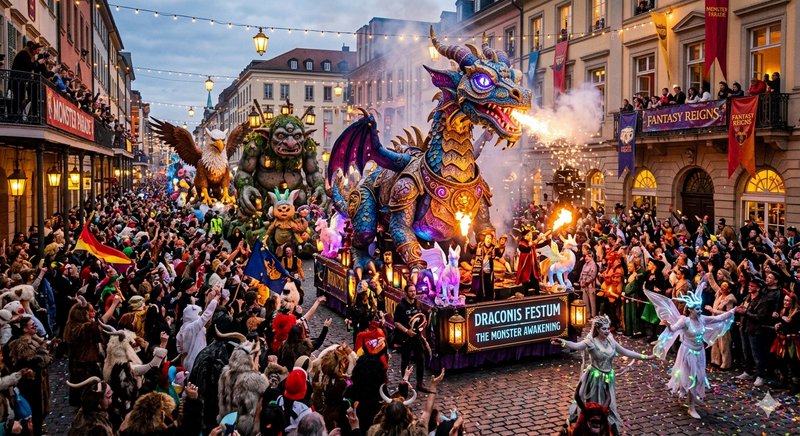 Colorful dragon parade float with performers on a crowded cobblestone street at night.