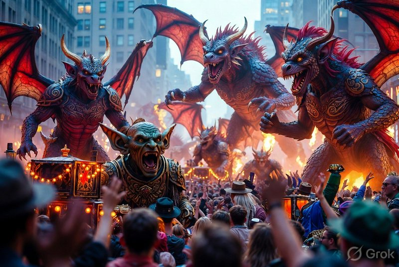 Colorful dragon parade giants with red wings towering over a crowd in a city street.